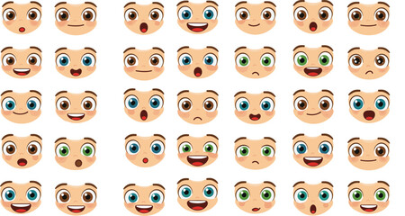 Cartoon Facial Expressions Set with Big Eyes and Colorful Emotions for Kids, Emoticons, Avatars, Education, and Communication Design
