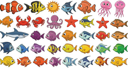 Cartoon Sea Creatures Vector Set with Fish, Jellyfish, Octopus, Shark, Starfish, Crabs – Colorful Marine Animals for Kids