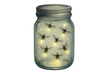 Fireflies glowing inside preserving jar with transparent background