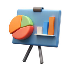 3d presentation board with pie chart and bar graph isolated on transparent background