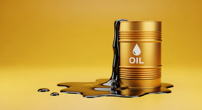 yellow metal oil barrels fly over spilled puddle of crude oil on yellow background. Black oil pond. Industry concept - Powered by Adobe