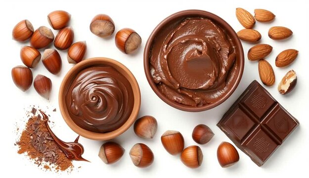Yummy chocolate paste and hazelnuts on white background, top view