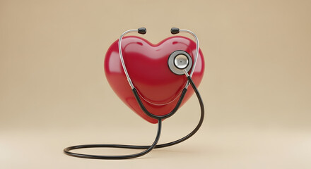 Conceptual image of a red heart shape with a golden stethoscope on a beige background, could illustrate concepts around healthy heart, cardiovascular health and heart disease