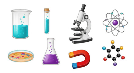 Collection of science laboratory equipment and chemical structures for educational purposes