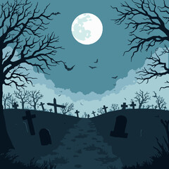 Spooky graveyard path under full moon with bats and bare trees