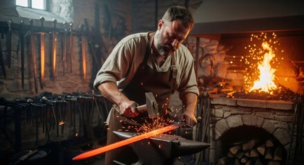 Caucasian man blacksmith forging hot metal sword on an anvil with hammer. Traditional craftsmanship and medieval weapon making concept. Handmade historical production for war.