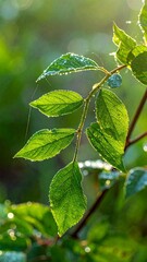 Sunlit Green Leaves with Dewdrops - A Fresh Morning Scene.