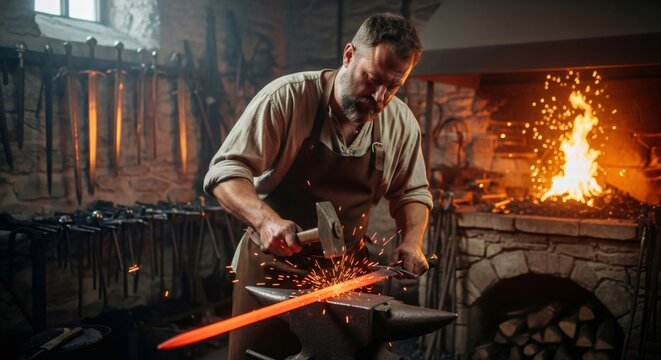 Caucasian man blacksmith forging hot metal sword on an anvil with hammer. Traditional craftsmanship and medieval weapon making concept. Handmade historical production for war.
