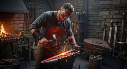 Caucasian man blacksmith forging hot metal with a hammer in a traditional forge. Medieval weapon craftsmanship and ancient war armory concept.