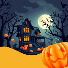 Spooky Halloween haunted house with pumpkins and full moon
