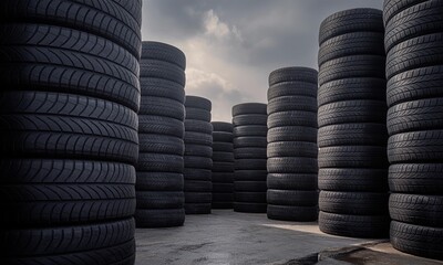 Massive Towering Stacks of New Black Rubber Tires Industrial Inventory Storage for Automotive Supply Chain