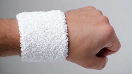 Close up of a hand wearing a white terrycloth wristband against a neutral background