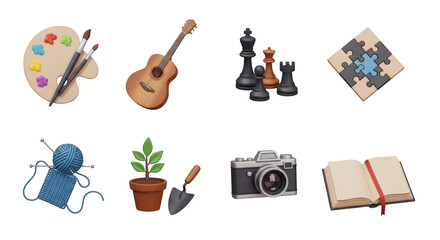 Collection of hobby icons representing art music chess photography gardening and reading for creative pursuits