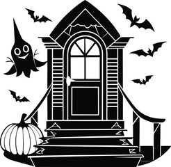 Spooky Halloween vector illustration of a haunted house with a moon in the night sky and window lights