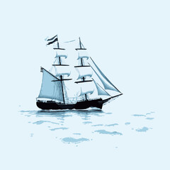 Sailing ship with blue sails on a light blue sea tall ship