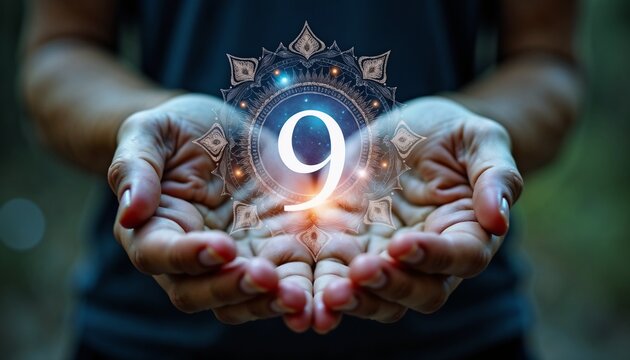 Hands holding number "9" symbol in a glowing mandala, symbolising Vedic numerology, astrology and spiritual concepts