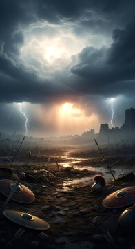 Battlefield aftermath with scattered warrior gear and castle in the background. War concept illustration. Historical battle field with weapons.