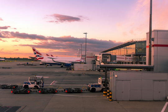 Sunset over Terminal 5 at London Heathrow airport, UK