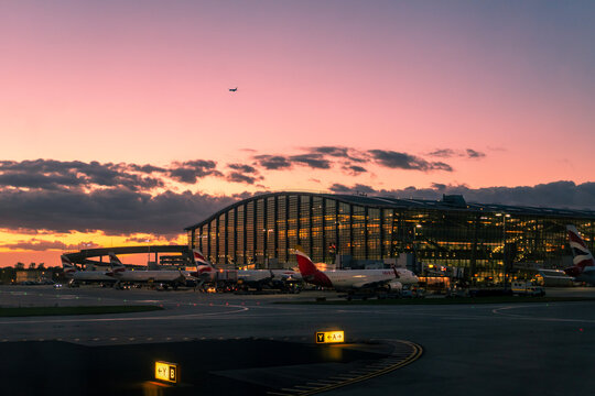 Sunset over Terminal 5 at London Heathrow airport, UK