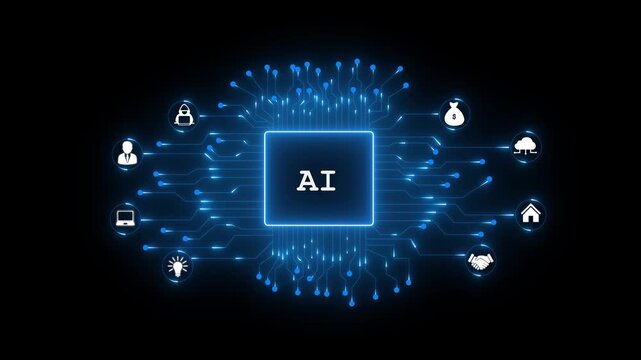 Artificial intelligence circuit board with icons representing security finance and automation. AI drives intelligent networks with secure systems for business, finance, and innovation. 