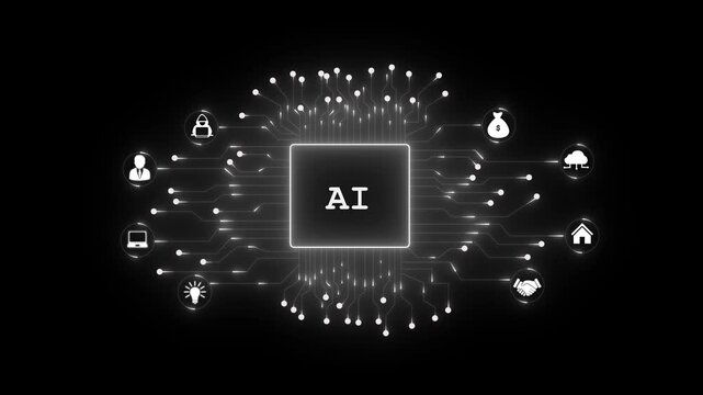 Artificial intelligence circuit board with icons representing security finance and automation. AI drives intelligent networks with secure systems for business, finance, and innovation. 