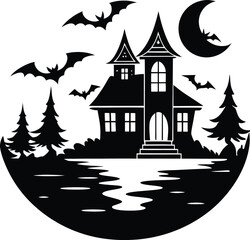 Spooky haunted house on a hill, a dark autumn night with a scary moon and bat silhouette vector illustration