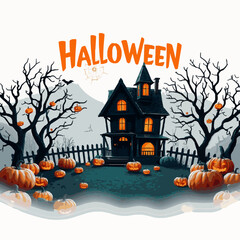 Spooky Halloween haunted house with pumpkins and bare trees