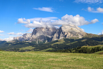 Fototapeta premium Crisp skies, green pastures, and Sassolungo’s rocky crown define this September alpine view