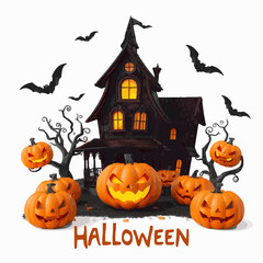 Spooky Halloween haunted house with jack o lanterns and bats