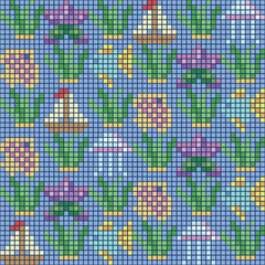 Abstract seamless ocean-themed mosaic pattern with starfish, fish, ship and seaweed. Vector illustration.