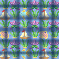 Abstract seamless ocean-themed mosaic pattern with starfish, fish, ship and seaweed. Vector illustration.