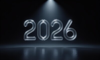 Futuristic 2026 Metallic Number Illuminated on Dark Stage for Corporate Planning and Technology Forecast