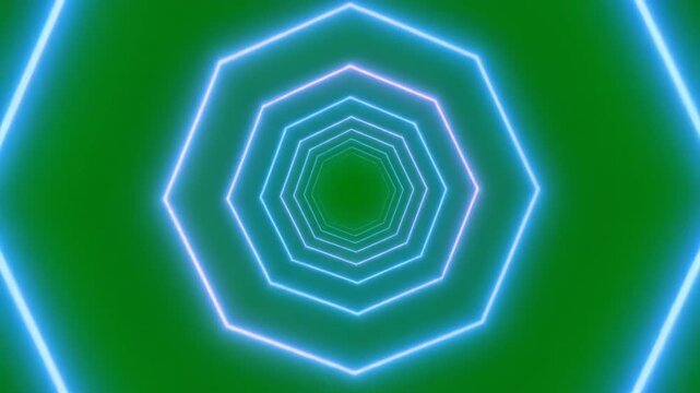 Futuristic flight through an endless glowing blue and purple octagon light tunnel on green screen