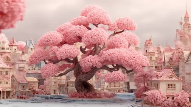 A whimsical townscape, suffused in pink. Buildings and blossoms complement a central tree