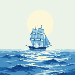 Blue sailboat on wavy ocean under pale yellow sun ship