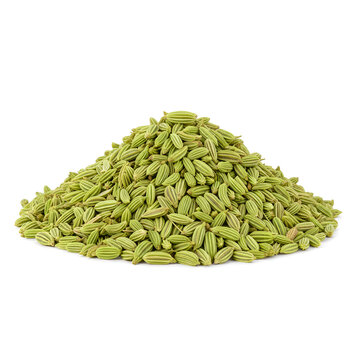 ultra realistic front view of premium export quality fennel seeds pile isolated on pure white background for spice and culinary use