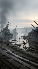 Wreckage of sunken warships on a muddy shore after battle. Concept of naval war, destruction, and aftermath. Image for historical documentary or news.
