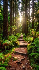 Sunlit Path Through Verdant Forest - A Tranquil Nature Scene.