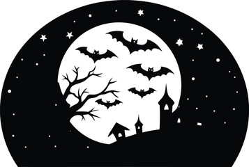 Spooky Halloween night with full moon bats and dark silhouettes