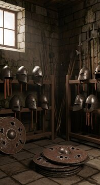 Medieval armory interior with war helmets and shields on wooden shelves. Old weapon storage in a castle for historic army concept.