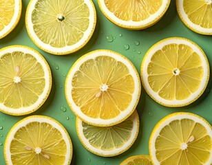 Refreshing Lemon Slices on Green Background - A Vibrant Citrus Composition.