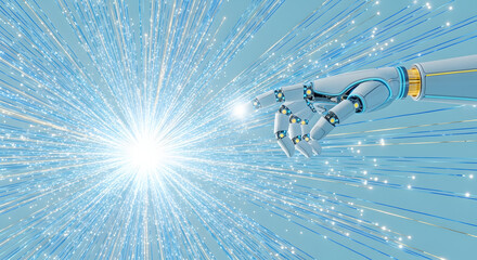 Digital generated image of robotic hand touching line and making new multicoloured impulse on black background. Digitization, automation and artificial intelligence concept.
