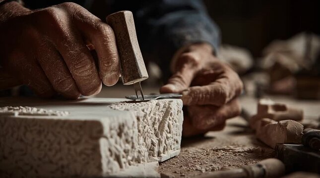 A tight, cinematic shot of a sculptor&rsquo;s hands carving intricate details into marble with a chisel and hammer &mdash; flying dust, tactile texture, focused craftsmanship.
