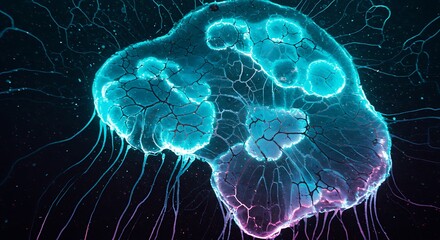 Obraz premium Tie dye bioluminescent jellyfish glowing with ethereal blue and pink light in the dark ocean depths for commercial usage