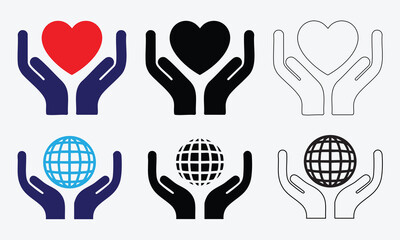 Set of Icons, Hands Holding Hearts and Globes Representing Love, Care, Compassion, and Global Support in Line and Silhouette Vector on White Background