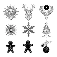 Mystical Holiday Symbol Collection &ndash; Sun, Reindeer, Snowflakes, Trees & Fantasy Christmas Vector Icons

