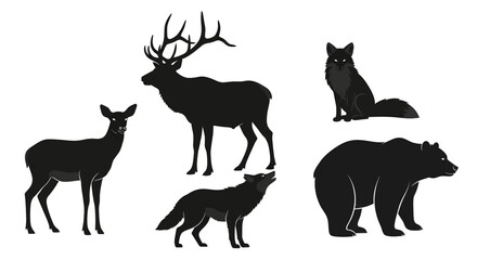 Naklejka premium Forest Wildlife Silhouettes - Deer, Fox, Wolf, and Bear