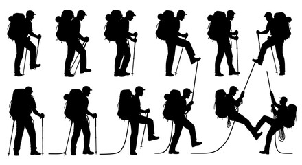 Obraz premium Adventurous hiker and rock climber silhouette collection