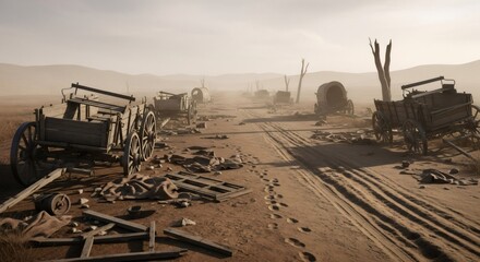 Fototapeta premium Desert landscape with abandoned wagon and footprint. Post apocalyptic scene for conceptual art and war background. Despair, destruction and lost hope illustration.