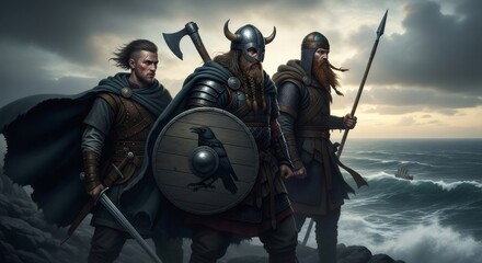 Naklejka premium Three viking men stand on a rocky coast near a rough sea, ready for war, concept for historical battle and heroic saga.